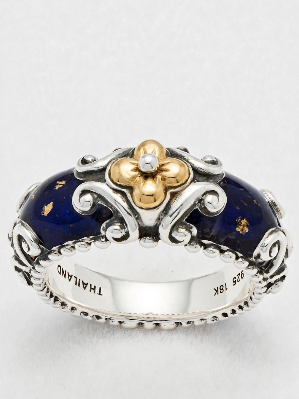 Sterling Silver & Gold Floral Lapis Dome Ring - Thailand size 8 in excellent